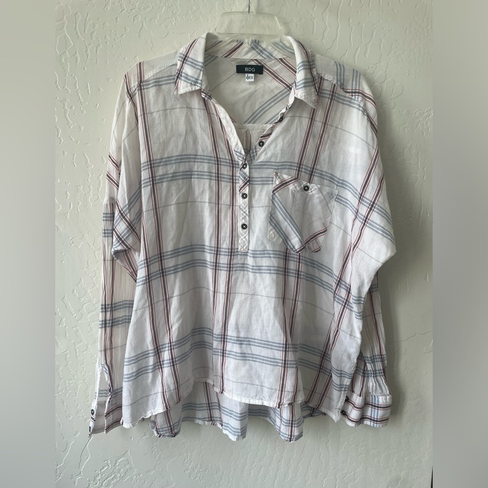BDG Popover Plaid  Boyfriend Shirt Beachy Boho Semi Sheer Button Up Medium